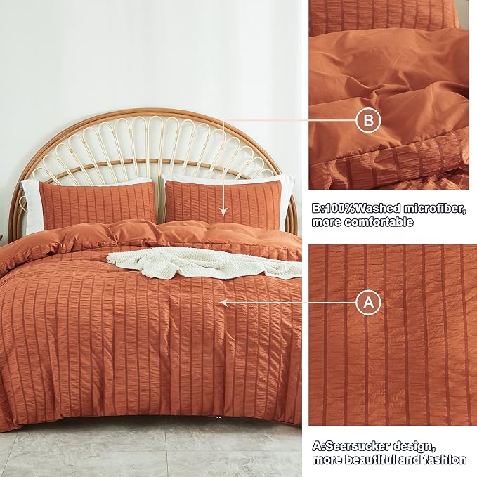 AveLom Terracotta Seersucker Duvet Cover Set Queen Size, 3 Pieces, Ultra Soft - Image 7