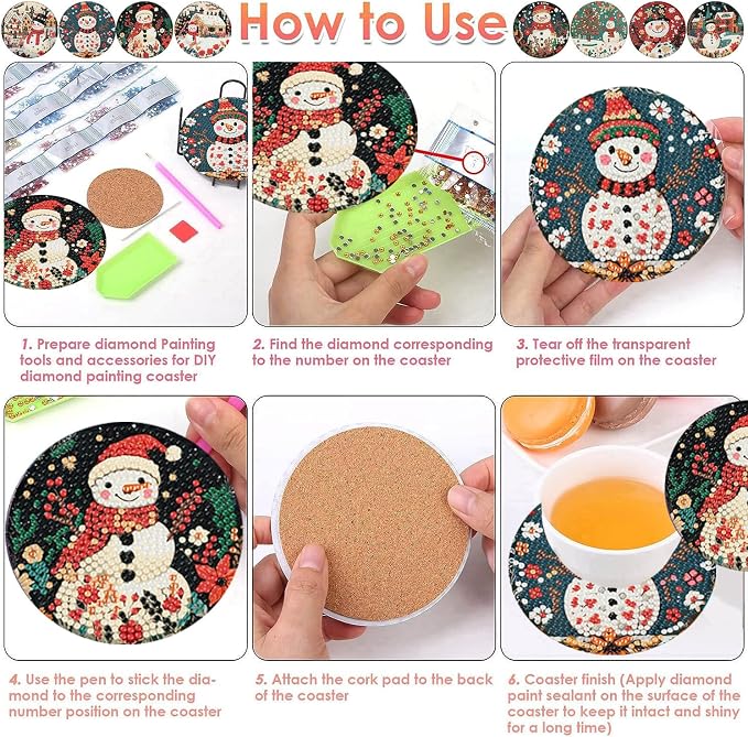 ijbnhd 8 PCS Diamond Art Coasters, Christmas Snowman Cork Wooden Pad | Diamond - Image 3