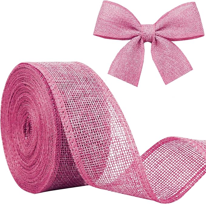 Pink Burlap Ribbon 1-1/2 inch X 10 Yard Pink Linen Wired Ribbon | Natural Linen by JaoZuyard