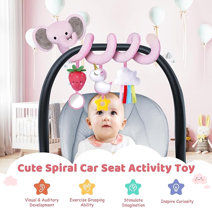 Stuffed Spiral Car Seat Toys for Baby Girls 0-6 Months, Perfect Newborn Gifts for Girls Essentials, Cute Pink Elephant Strawberry Hanging Plush Items