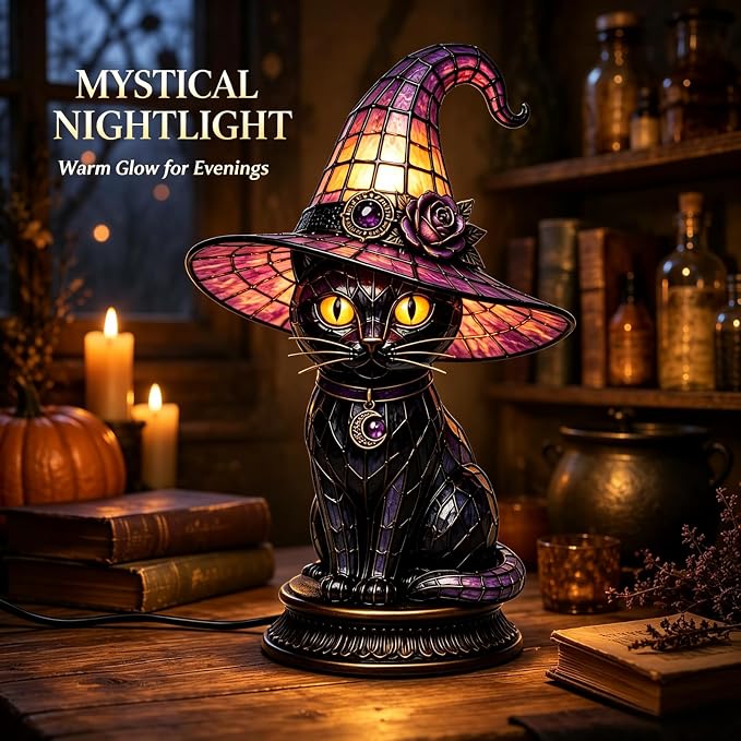 Black Cat Witch Hat Table Lamp, Gothic LED Halloween Decor | Witch Hat Gothic - Image 2