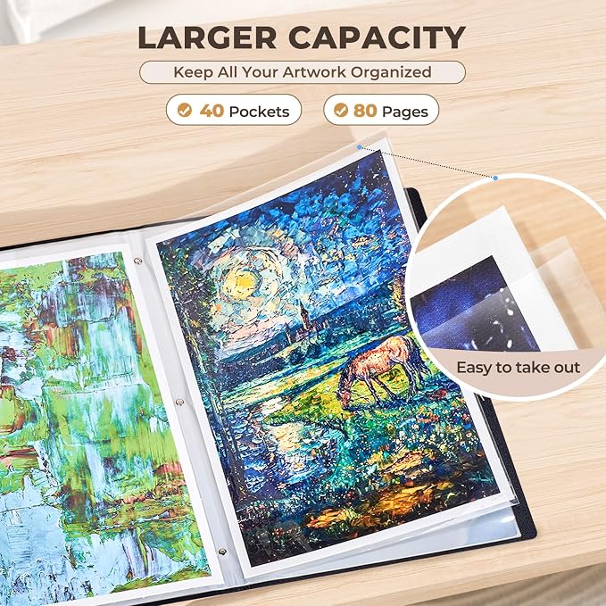 JoyCat 11 x 17 Art Portfolio Binder, 40 Acid-Free Clear Pockets Art Folder - Image 3