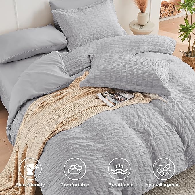 HYMOKEGE Light Grey California King Comforter Set Seersucker 7 Pieces, All - Image 3