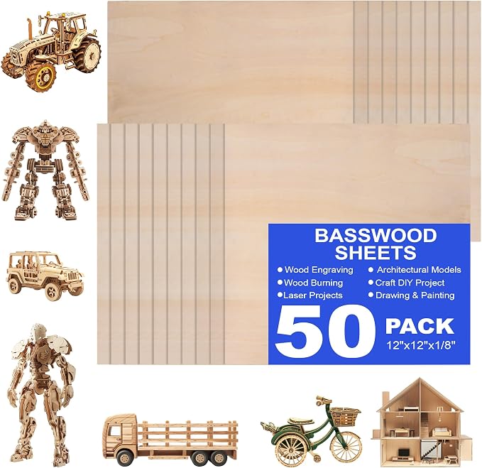 50 Pack 12"x12"x1/8" Basswood Sheets - 3mm Craft Plywood by Unknown