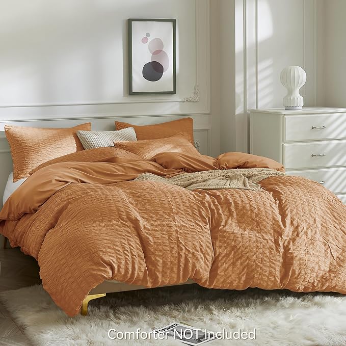 JELLYMONI Burnt Orange Duvet Cover Queen Size, Soft Breathable Seersucker Duvet - Image 3