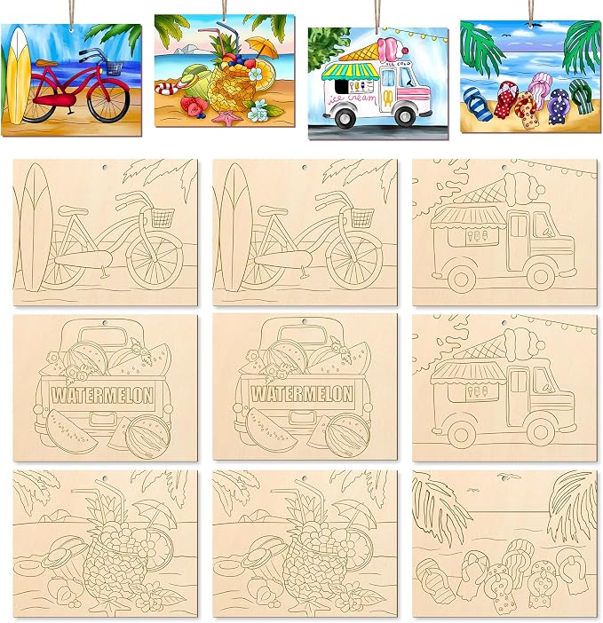 COCHIE 10 Pieces Large Summer Unfinished Wood Crafts to Paint by COCHIE