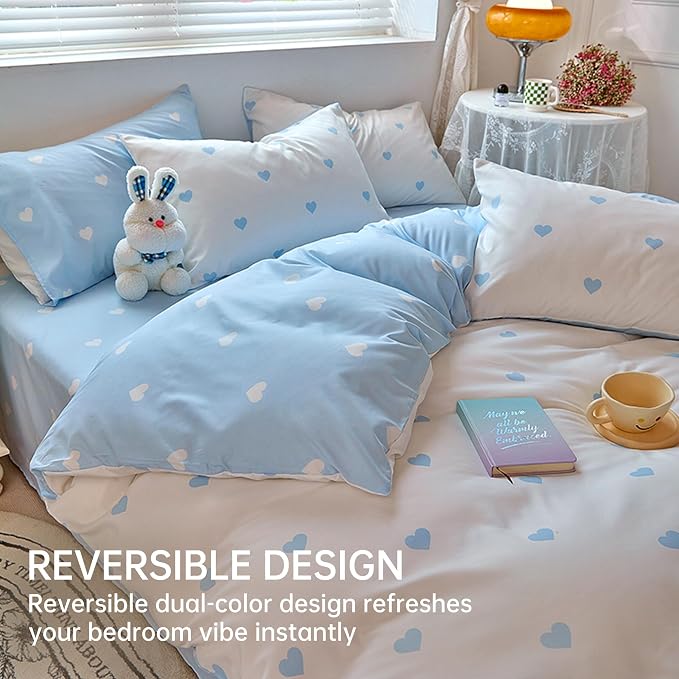 BOLINLIVING Cute Duvet Cover Queen Size, Reversible Light Blue & White Heart - Image 2