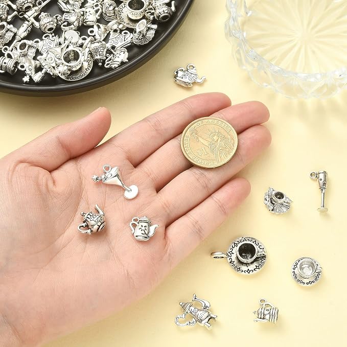 DanLingJewelry 100Pcs 10 Styles Antique Silver Afternoon Tea Theme Charms Tea - Image 3