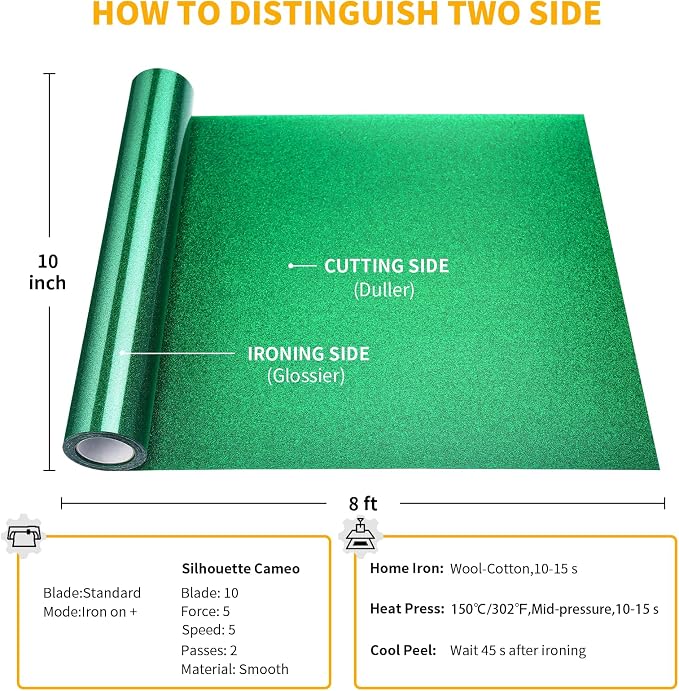 VinylRus Glitter Heat Transfer Vinyl Rolls-10” x 8ft Green Iron on Vinyl - Image 6