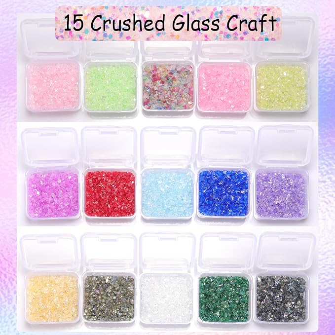 15 Colors Transparent Crushed Glass Chips 225g/7.9oz, 2-4mm Shiny Irregular - Image 5