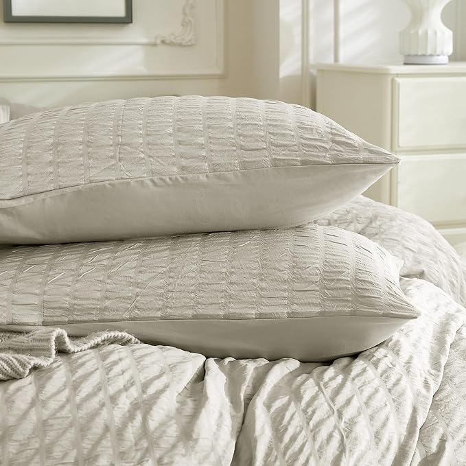 JELLYMONI Beige Duvet Cover King Size, Soft Breathable Seersucker Duvet Cover - Image 8