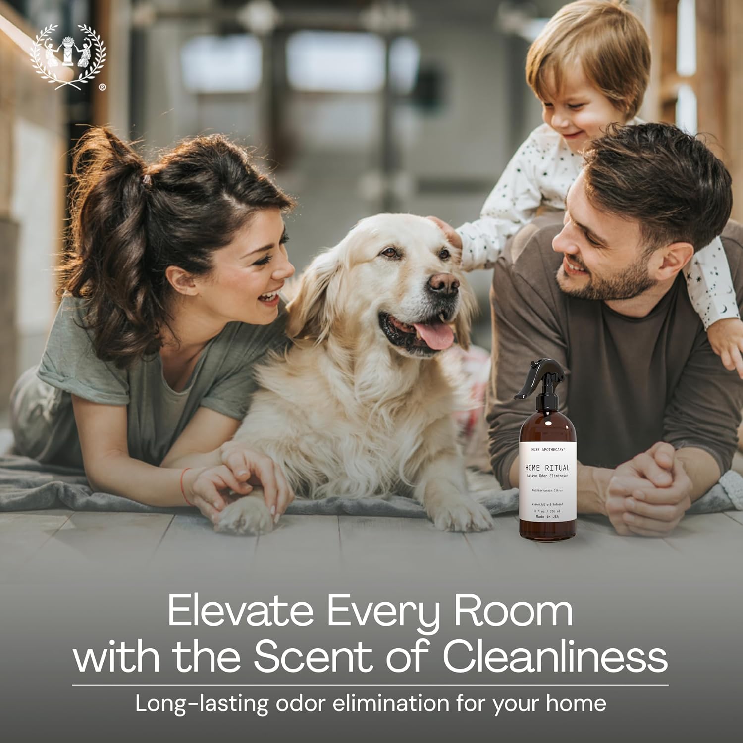 Muse Apothecary Home Ritual Active Odor Eliminator Spray - Furniture Deodorizer Spray & Bathroom Odor Eliminator for Home - Essential Oil Air Freshener - 4oz, Mediterranean Citrus