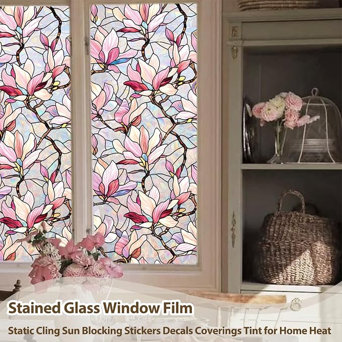 Magnolia Flowers Window Privacy Film, Stained Glass Window Film Decorative - Image 3