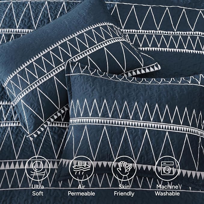 Andency Navy Quilts Queen Size, 3 Pieces Queen Quilt Bedding Set Boho - Image 5