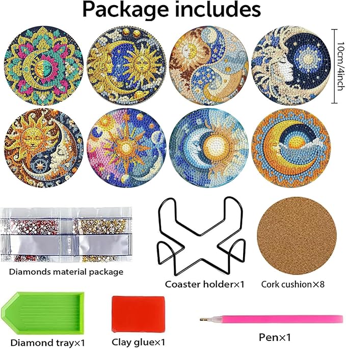 8 PCS Diamond Art Coasters Kits Sun and Month Diamond Painting Coaster | - Image 2