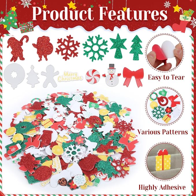 Coopay 600 Pcs Christmas Foam Stickers, Self-Adhesive Glitter Foam Stickers - Image 3
