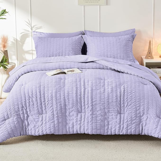 HYMOKEGE Light Purple Queen Comforter Set Seersucker 7 Pieces, All Season - Image 9