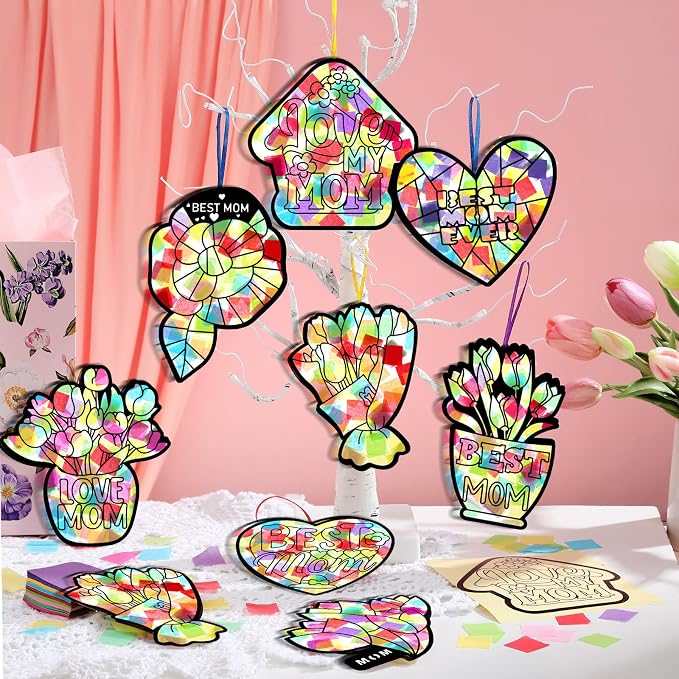 Eersida 32 Pcs Mothers Day Suncatchers Paper Craft Set DIY Flower Shaped - Image 6
