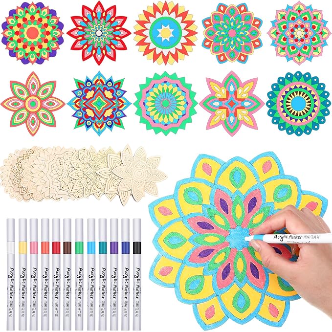 Vercraft 22 Pcs Wooden Mandala Painting Set 10 Mandala Unfinished Wood Cutouts by Vercraft