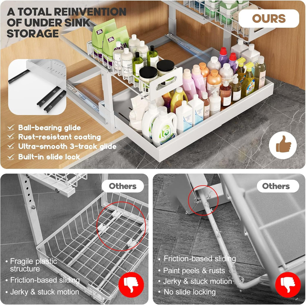 1 Pack Expandable Under Sink Organizers Storage With Upgrade Ball-Bearing Slide Tracks,2-Tier Pull Out Under Cabinet Organizer Height Adjustable,Not Suitable For Cabinets With Partitions In The Middle