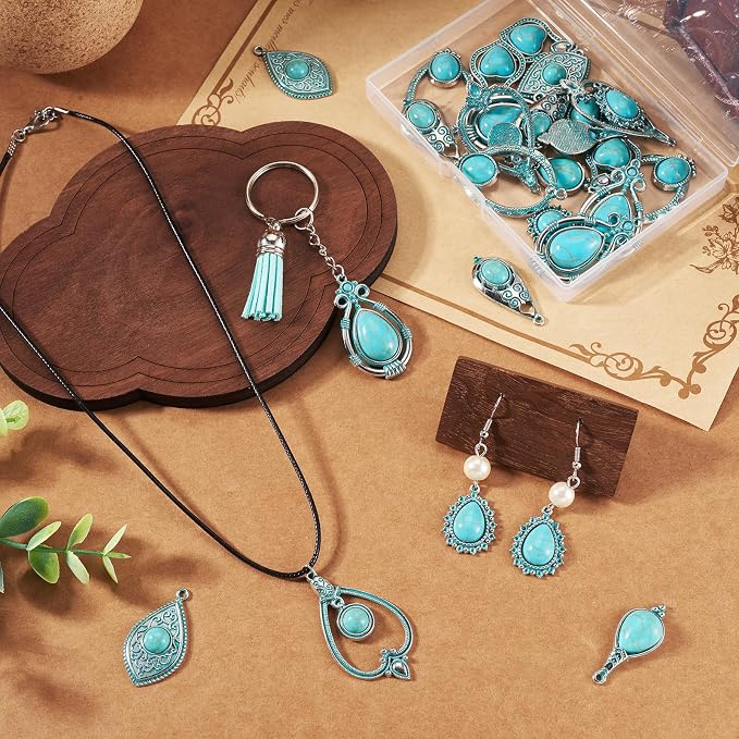 24Pcs Tibetan Style Turquoise Charms 8 Styles Heart Teardrop Oval Vintage - Image 3