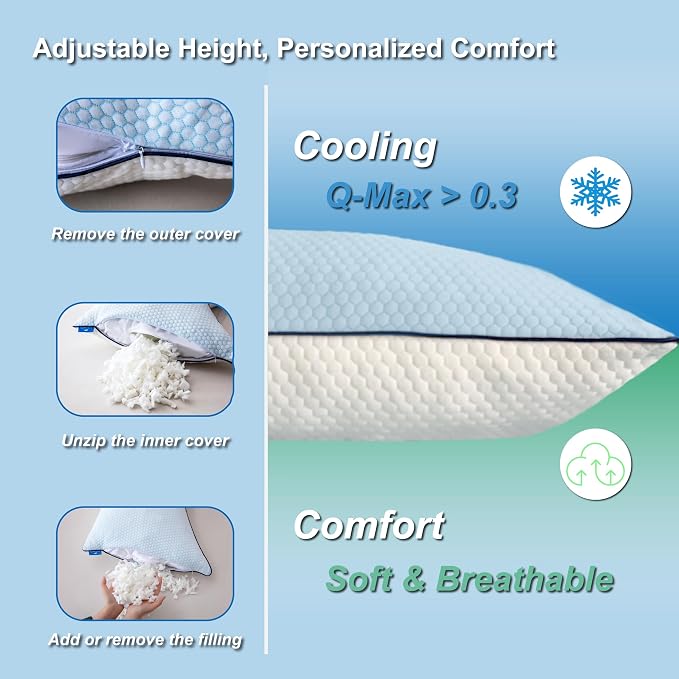Cooling Pillow Queen Size Set of 2, Shredded Memory Foam Adjustable Loft - Image 6