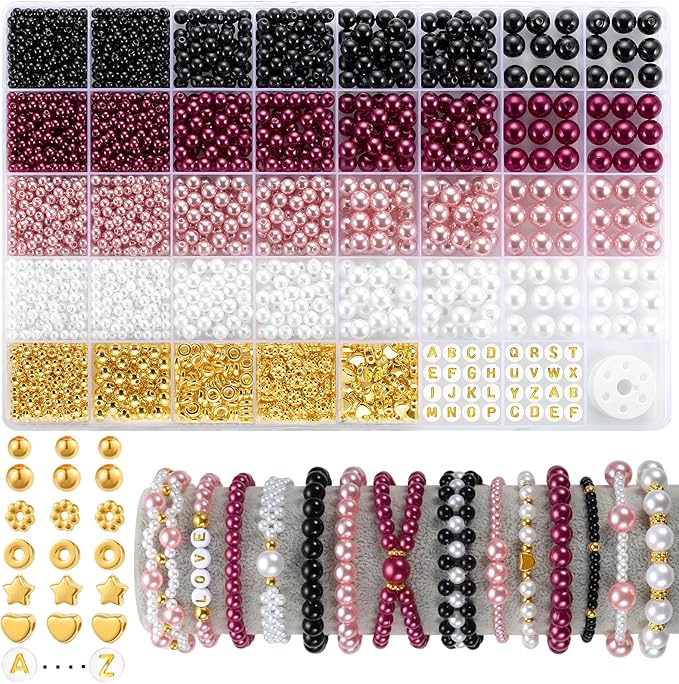 2256pcs Pearl Beads for Jewelry Making, Funtopia 4 Sizes Pink Black White Round by Funtopia