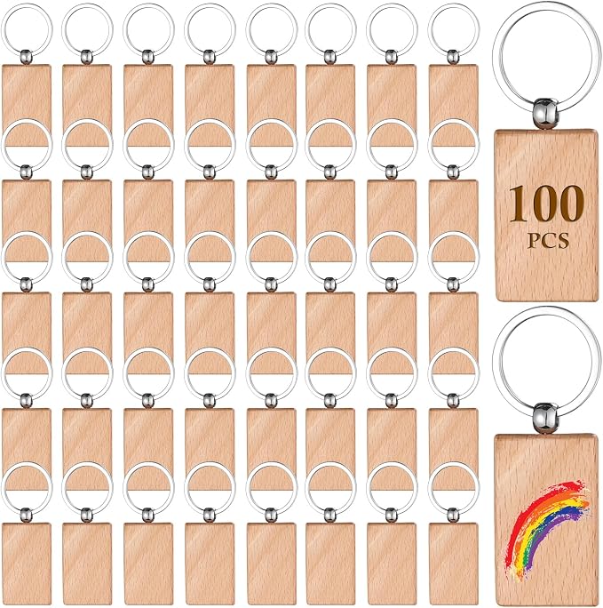 Wood Key Chain Bulk 100 Pcs Rectangle Wooden Blank Tags | Unfinished Wood Blanks by Voittozege