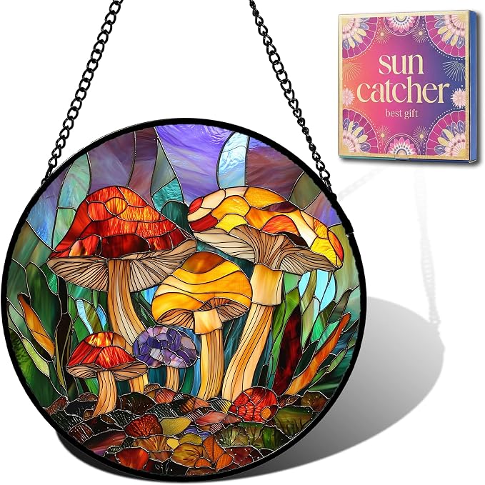 Jungle Mushrooms Acrylic Suncatcher Faux Stained Glass Window Hanging 6.3" | by Unknown