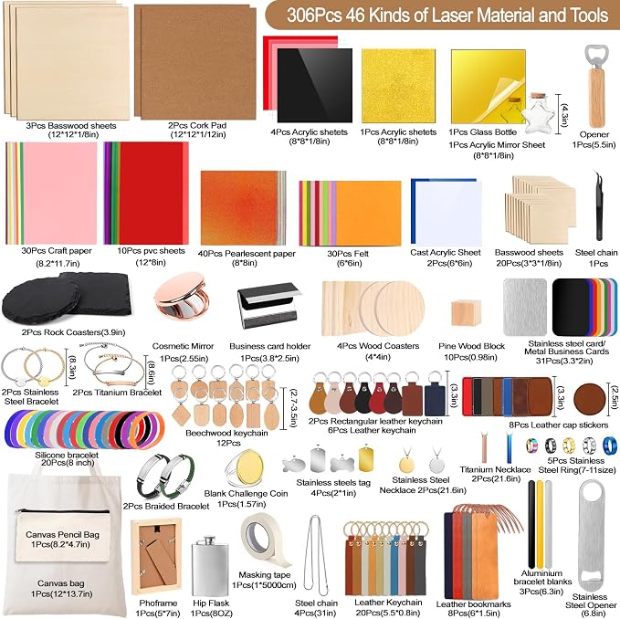 Adrattnay Laser Material Explore Kit, 46 Kinds Blanks Includes Basswood - Image 2