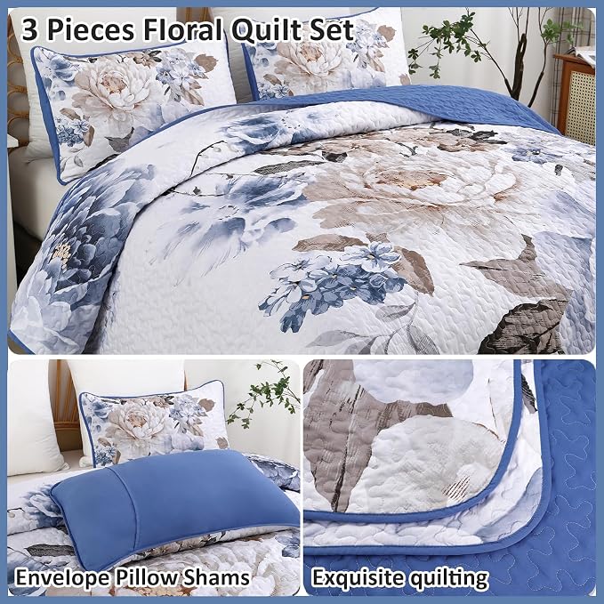 WONGS BEDDING Floral Quilt Set Blue California King Size 3 Pieces Elegant - Image 5