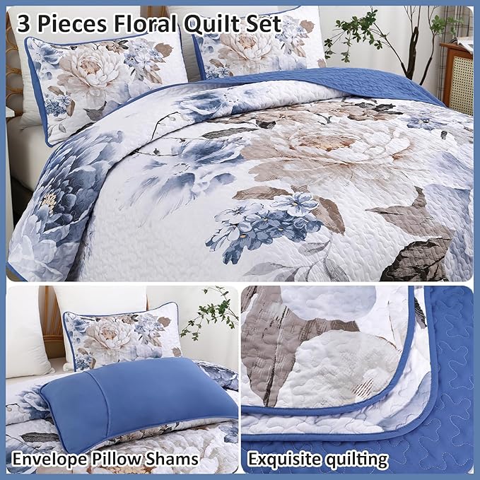 WONGS BEDDING Floral Quilt Set Blue Full Size 3 Pieces Elegant Botanical Print - Image 5