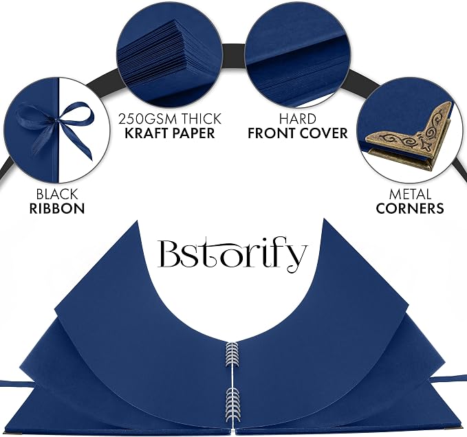 Bstorify Square Scrapbook Photo Albums 80 Pages Blue Thick Paper, Ribbon Closure - Image 3