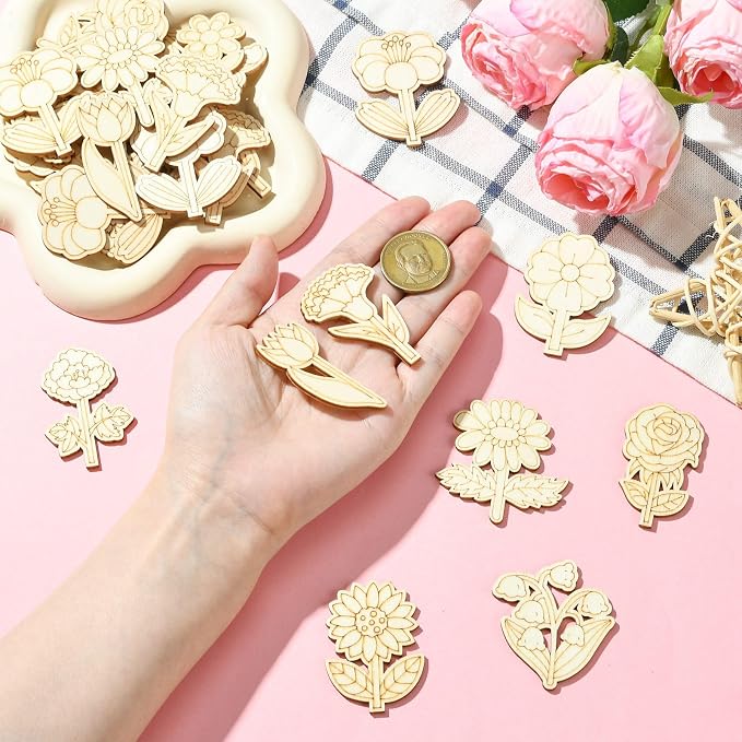 100 pcs Mixed Styles Cute Flower Theme Unfinished Wooden Cutout Charms - Image 4