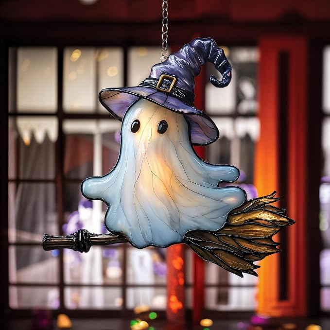 Whimsical Ghost On Broomstick Acrylic Suncatcher by Unknown