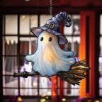 Whimsical Ghost On Broomstick Acrylic Suncatcher by Unknown