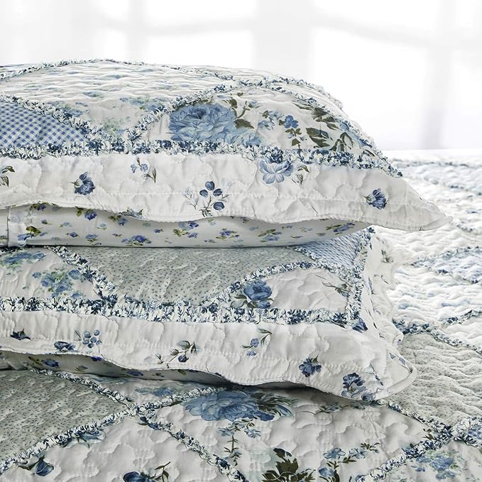 Oversized King Size Blue Floral Plaid Patchwork Quilt Set 128x120 Extra Wide - Image 6