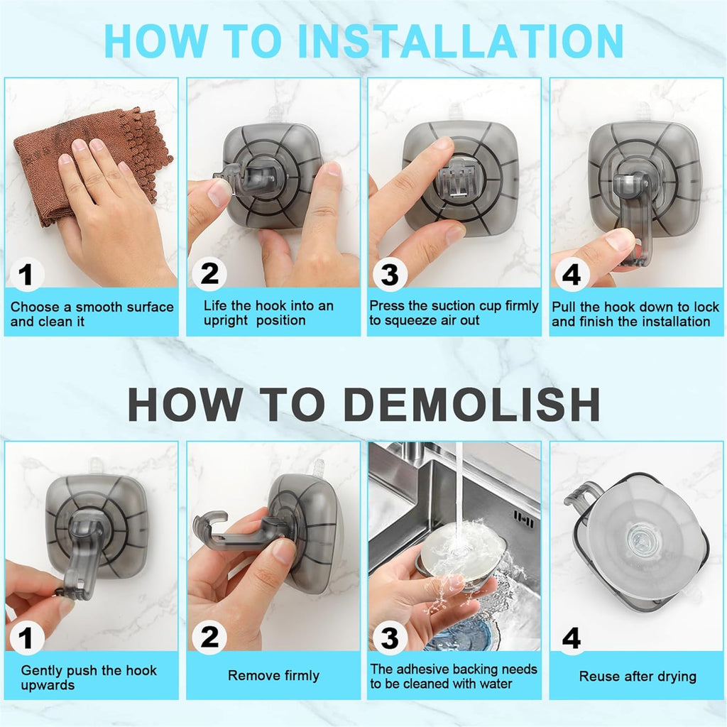 22 lb Heavy Duty Suction Cup Hooks 4 Pack - 360° Rotating Shower Hooks for Bathroom, Wall, Glass Door, Window Hanging Foldable Holder for Towel, Wreath, Cups (ABS+PC) No Drill Suction Hook Reusable