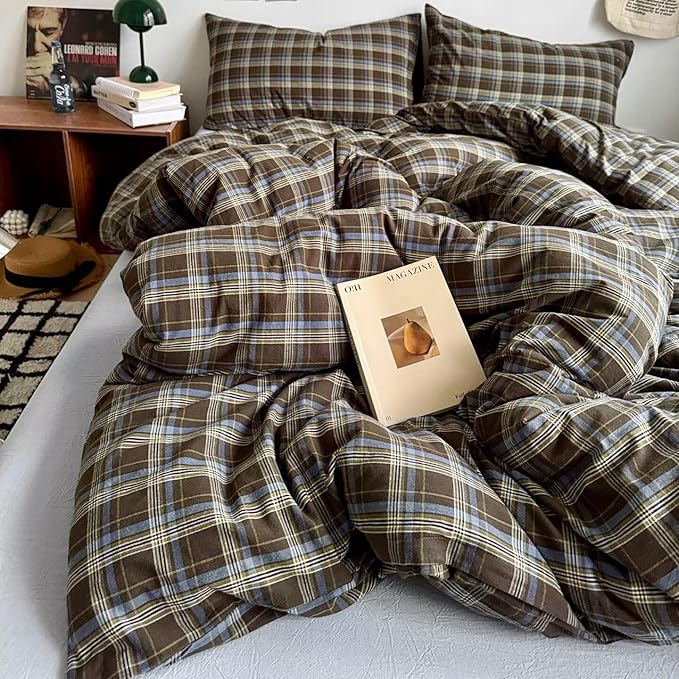 PinkMemory Brown Blue Gingham Buffalo Plaid Duvet Cover King 100% Washed Cotton - Image 6