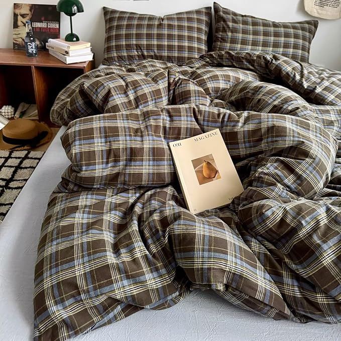 PinkMemory Brown Blue Gingham Buffalo Plaid Duvet Cover Queen 100% Washed - Image 6