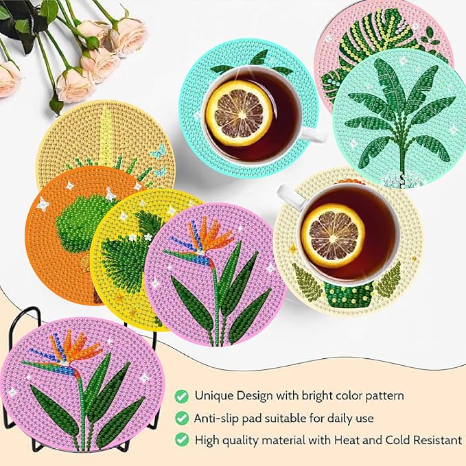 Clendo 8 Pcs Green Plants Diamond Painting Coasters Kits - Image 3