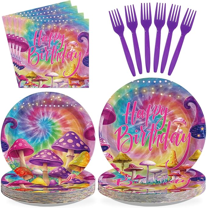 96Pcs Tie Dye Mushroom Birthday Party Decorations Tie Dye Plates and Napkins by Greencian