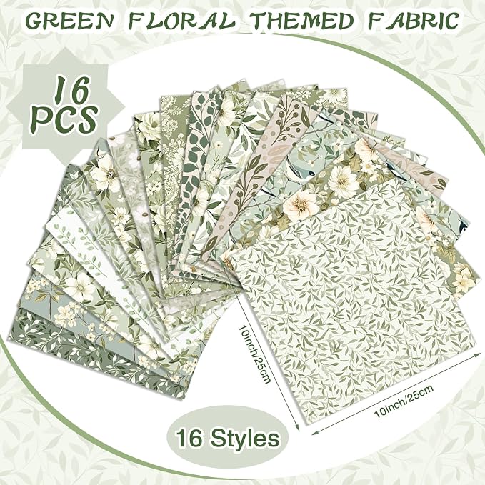 Tudomro 16 Pcs 10'' x 10'' Sage Green Quilting Fabric Square Greenery Floral - Image 2
