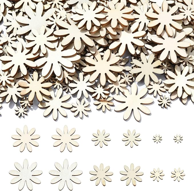 300 pcs 6 Styles Daisy Flower Theme Unfinished Wood Cutout Charms Cute Spring by Gythara