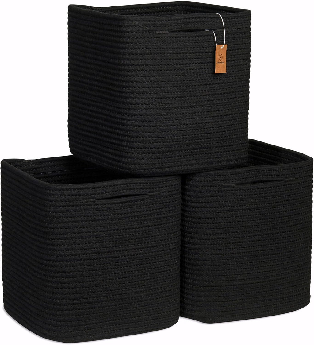 NaturalCozy Storage Cubes 11 Inch Cotton Rope Woven Baskets for Organizing, 3-Pack | Cube Storage Bin | Square Storage Baskets for Shelves Organizer, Classroom, Kids Toy Bins, Closet, Baby Nursery
