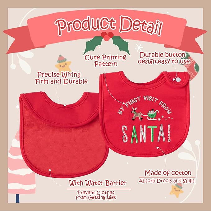 3Pcs Christmas Baby Cotton Bibs with Resin Button Newborn Infant Bibs Christmas Keepsake Baby Gift for Drooling Feeding