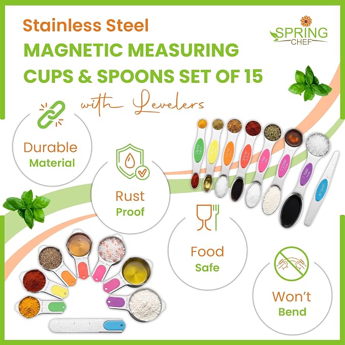 Spring Chef Magnetic Measuring Cups & Spoons Set of 15, Neon | Stackable - Image 4