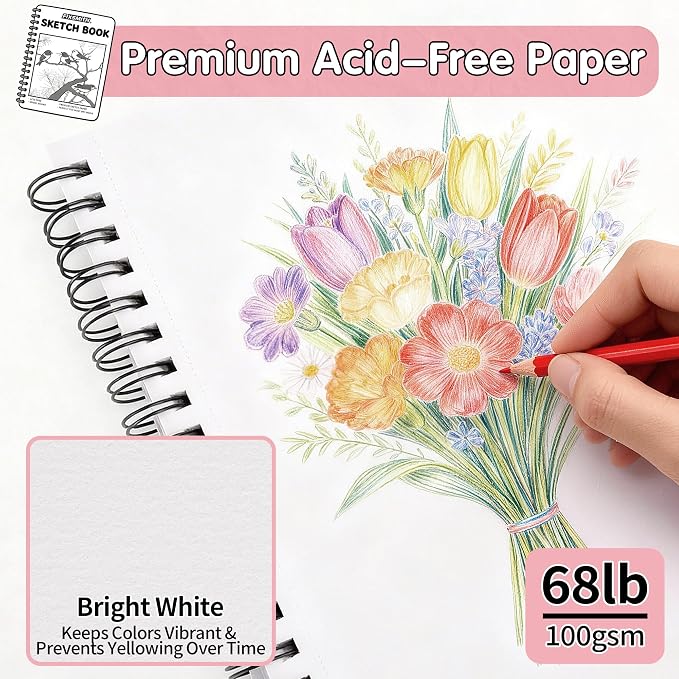 FIXSMITH 9"X12" Pink Sketch Book, 100 Sheets Spiral Sketchbook, Acid Free - Image 2