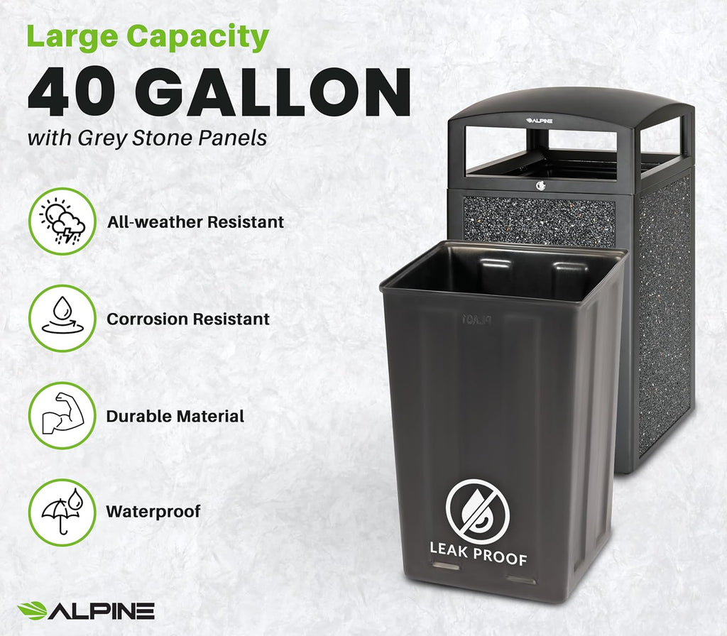 Alpine Outdoor Commercial Trash Can with Lid - 40 Gallon Heavy Duty Metal Garbage Can with Removable Bin, Locking Lid for a Modern Look in Park, Mall & High Traffic Areas-Grey Stone Panels (With Tray)