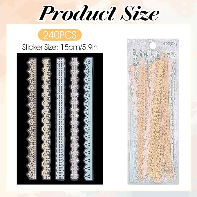 240PCS/6 Packs Lace Transparent Stickers, Vintage PET Lace Scrapbooking - Image 2